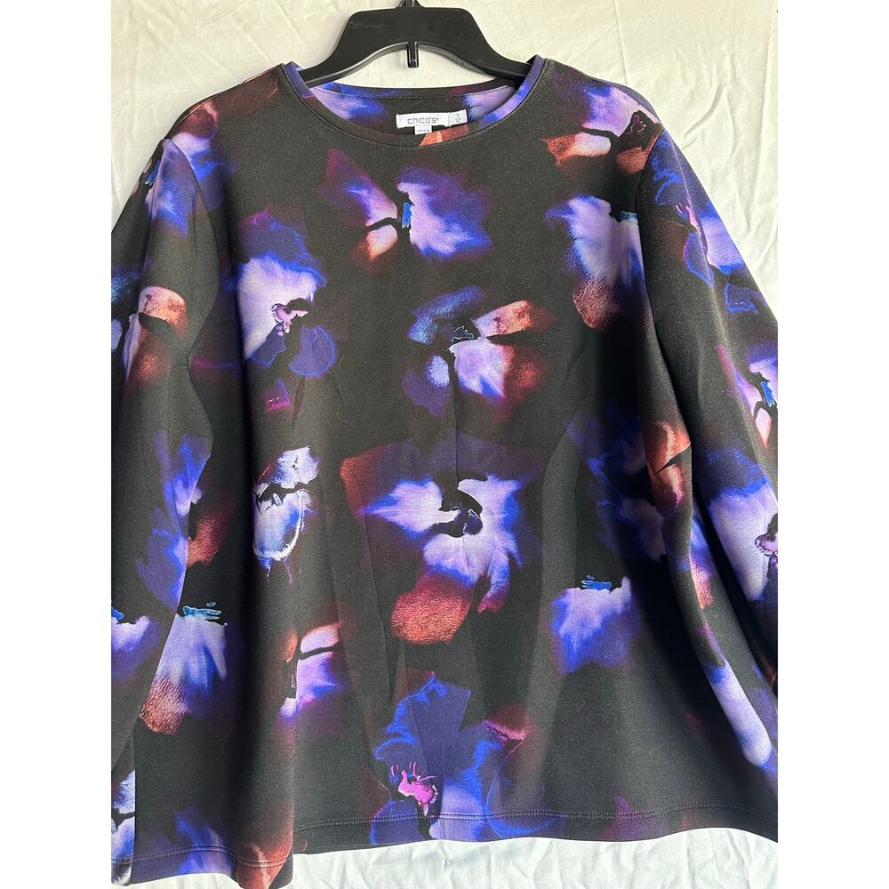Chico's Black Purple Abstract Floral Top 3 XL Classy Mature - Picture 2 of 7